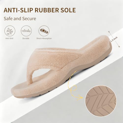 Image of BCSTUDIO Women's Orthopedic Flip Flop Fuzzy Slippers with Arch Support | Plantar Fasciitis Spa Thong Orthotic Slippers for Women, Open Toe, Non-slip Sole, Machine Washable, Indoor Outdoor