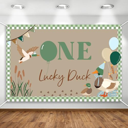 One Lucky Duck Birthday Backdrop - 5x3ft Duck Themed 1st Birthday Party Decorations Mallard Duck Background Banner for Baby Boy First Birthday Party Supplies