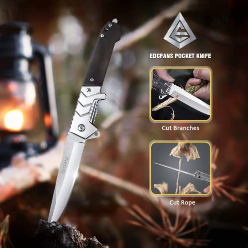 Edcfans Folding Pocket Knife With Clip For Men Everyday Carry, Edc Camping Knives With Glass Breaker, Locking Liner And Wood Handle, Cool Tactical Knifes For Outdoor Survival Hiking Hunting Fishing #TOP5