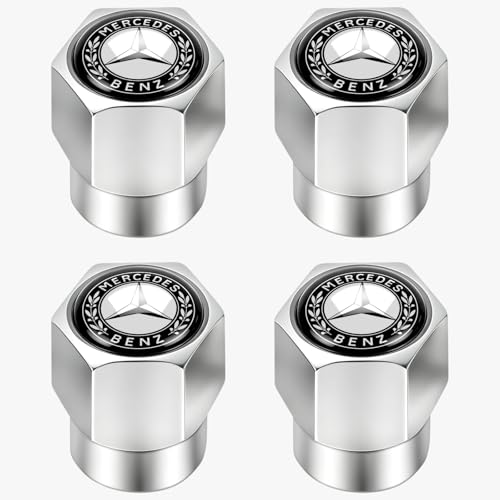Tire Valve Stem Caps for Mercedes-Benz AMG A C E S Class Series GLK CLA GLA GLC GLE CLS SLK Metal Wheel Air caps Auto Valve Stem Caps Accessories 4 Pcs Silver