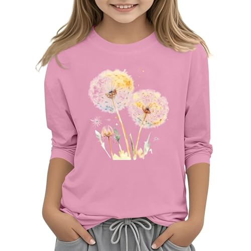 Teen Girls Floral 3/4 Length Sleeve Top Summer Crewneck Casual Athletic Blouse for Kids Soft (Hot Pink #6, 4-5 Years)