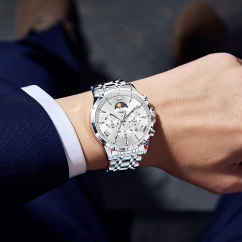 Image of OLEVS Watches for Men Analog Quartz Original Branded Mens Watch Chronograph Stainless Steel Chain 3ATM Waterproof Wrist Watch for Men