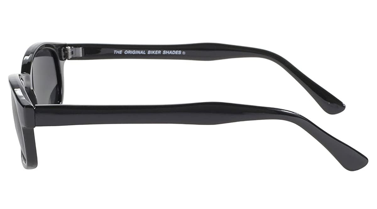 KDS - Occhiali da sole da motociclista, montatura nera, lenti grigie molto scure, lunghe braccia sottili speciali casco