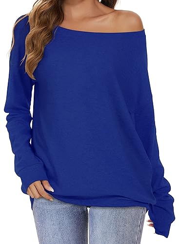 florynova Womens Off The Shoulder Sweatshirts Long Sleeve Tops Pullover Sweater Casual Loose Blouse Fall Fashion (Solid Blue, M)