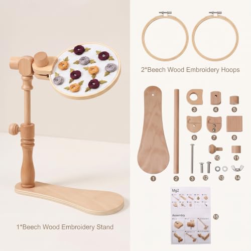 Qianyu Adjustable Embroidery Hoop Stand Beech Wood Embroidery Stand Rotated Cross Stitch Holder for Lap with 2 Bamboo Hoops Tabletop Seat Frame Stands for Needlework by Qianyu - Used condition - Image 4
