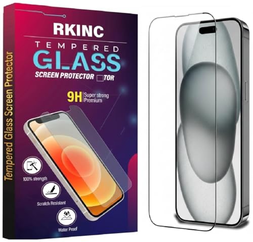 Image of RKINC Tempered Glass for iPhone 16 Plus and 15 Plus (6.7 Inch) Military Grade Gorilla Screen Guard Protector | With Installation Kit | Edge to Edge Coverage | Black