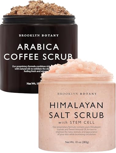 Brooklyn Botany Coffee & Himalayan Salt Stem Cell Body Scrub Set – Exfoliating & Moisturizing Face, Body, Hand & Foot Scrubs – 2 x 10 oz
