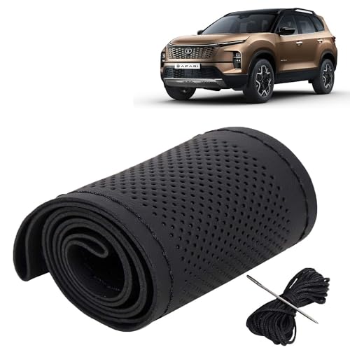 Image of KINGSWAY PU Leatherite Car Steering Cover Sewable Compatible with Tata Safari (Year 2023 Onwards), Black Color with Black Thread, Pack of 1 with Sewing Needle and Thread