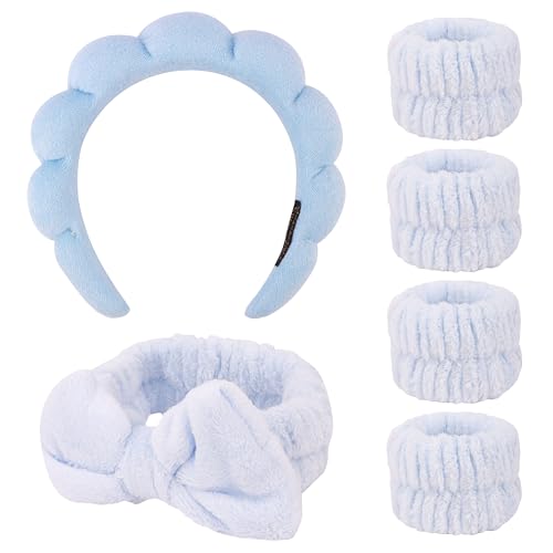 AOPRIE SPA Headbands for Washing Face Makeup Headbands with Bow Hair Band Women Facial Head Band Wrist Towel Wraps For Shower Face Mask Blue Style Blue, 6 Pack