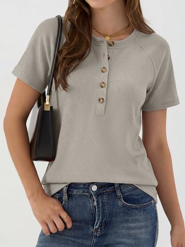 ANRABESS Women Waffle Knit Tops Short Sleeve Henley Shirts Dressy Casual Blouse 2026 Spring Fashion Outfits Trendy Clothes Grey — view 3