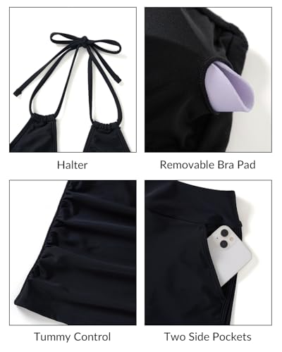 Women's Tankini Swimsuit with Shorts - Halter Two Piece Swimsuit 2025 Tummy Control Bathing Suit with Pockets4