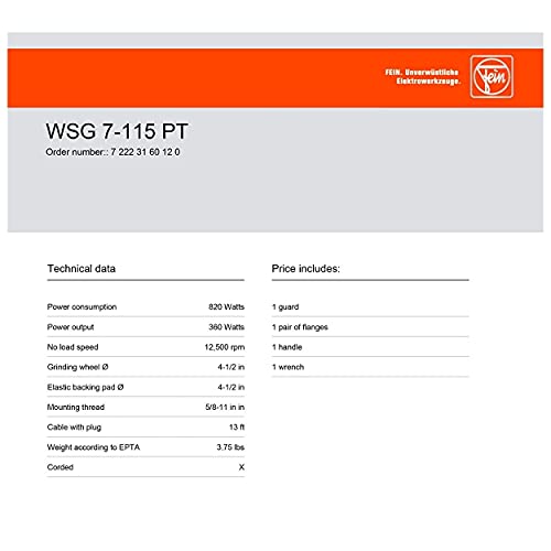 Fein Handy Compact Angle Grinder Tool With 5-8/11" Mounting Thread And 4-1/2" Grinding Wheel - Metal/Plastic, 820 W, 12,500 Rpm - Wsg 7-115 Pt/72223160120 #TOP4
