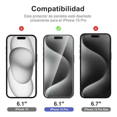 NEW'C 3 x Protector Pantalla para iPhone 15 Pro (6,1 Pulgadas) y 3 x Protector de Lente de Cámara - Cristal Templado + Tapón Antipolvo - Herramienta de instalación fácil incluida - imagen 2