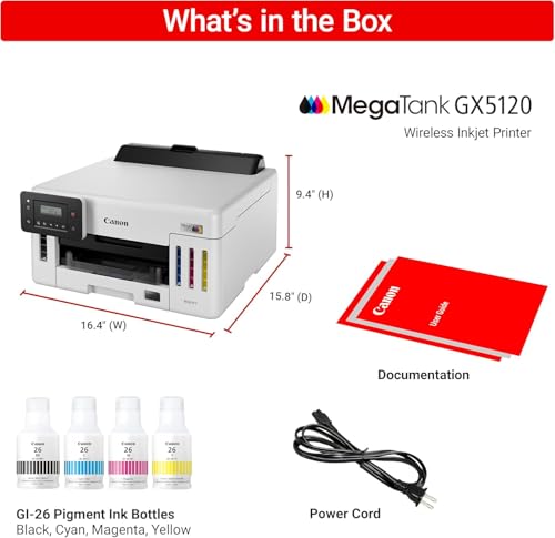 Image of Canon MegaTank GX5120 Inkjet Color Printer for Home Office, Schoolwork, Documents, Crafts and Wireless Printing from Devices (6884C002) + Printer Cable + Cleaning Kit + More (9pc Bundle)