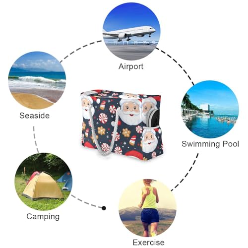 Santa Claus Beach Bag & Travel Tote Bag Large Sandproof with Zipper Closure, Wet Pouch for Swim Gym Travel, Lightweight Foldable Outdoor Bag4
