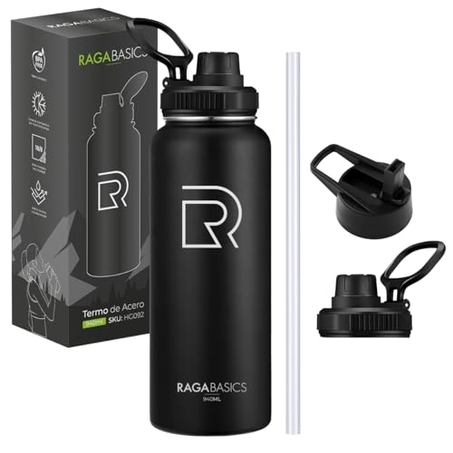 Raganet, Termo de Acero Inoxidable Doble Pared de 940ml, Botella de Agua Termica con 2 Tapas, Mantiene Agua Fría 24 horas y Caliente 12 horas, Tapa Hermética, Asa para Transportar (Negro)