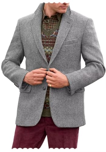 Men's V-Neck Herringbone Blazer 2-Button Vintage Slim Fit Tweed Blended Sport Jacket