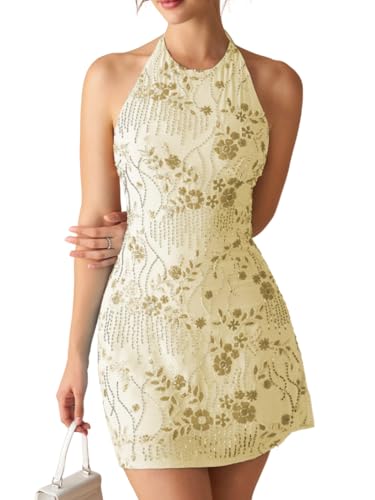 EHSUYAB Women 2000S Beaded Mini Dress Backless,Sparkly Sequin Rhinestone Floral Embellished Dresses,Homecoming Cocktail Party Beige Medium