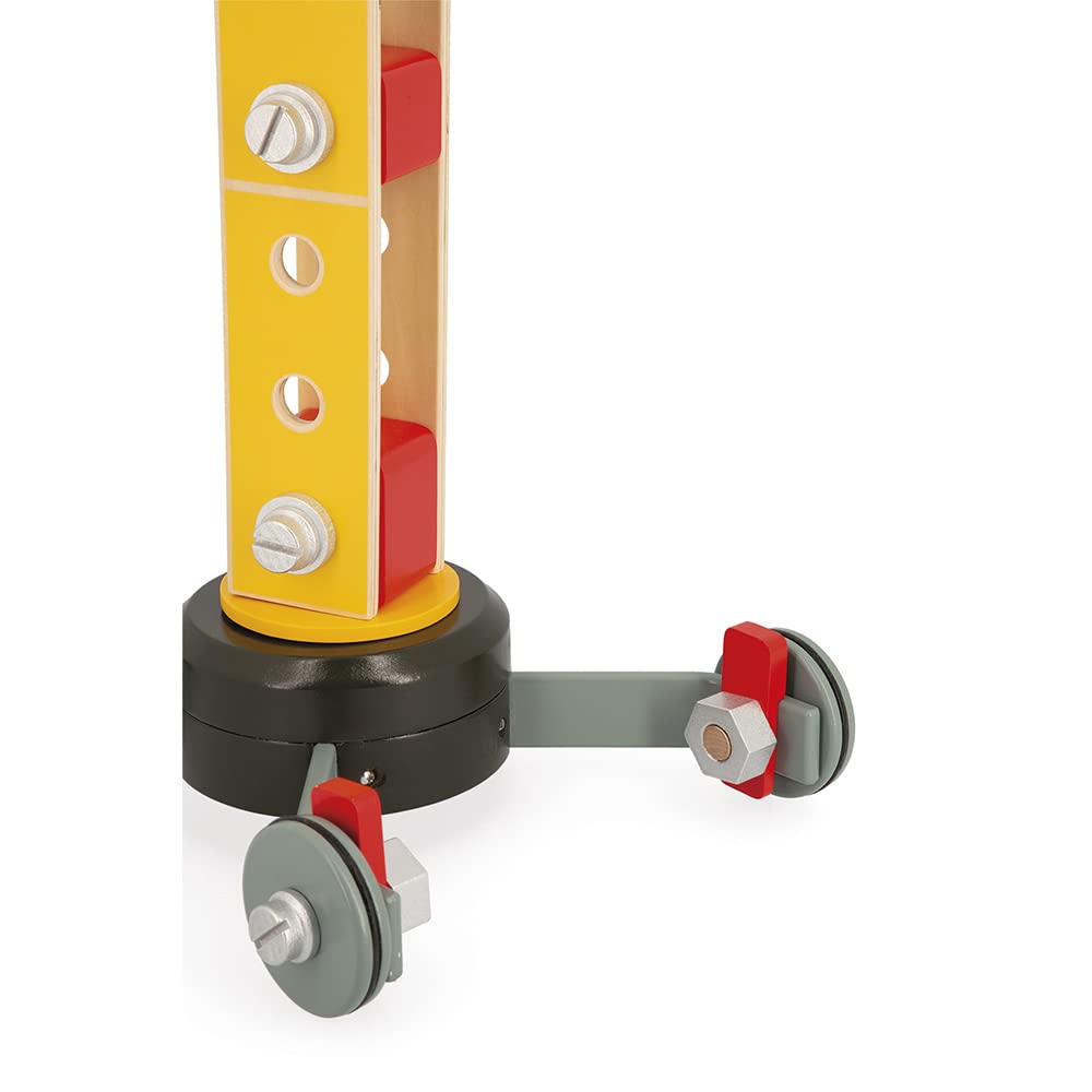 Janod - Grúa Grande de Madera 74 cm - Juguete de Imitación - Juego de Construcción - Rotación 360° y Móvil - 12 Accesorios - Certificado FSC - A Partir de 3 Años, J06468