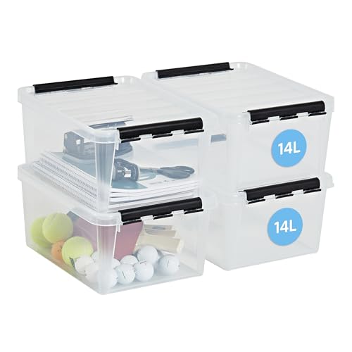 SmartStore cajas de almacenamiento de plástico de 14L con tapas, Juego de 4, Reforzadas, Garantía de 10 años, Seguras para Alimentos, Cierre con Clip, Apilables y Encajables L40 x W30 x H18 cm