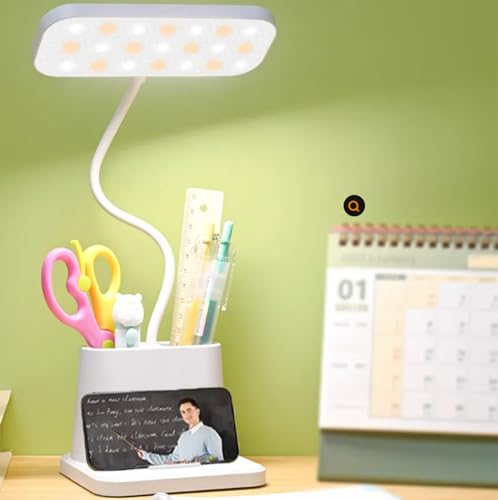 Lámpara LED de Escritorio con Cuello de Cisne Ajustable – 3 Modos de Luz Regulables – Base con Portalápices y Soporte para Móvil – Recargable con Batería de Larga Duración – Luz Cálida y Blanca