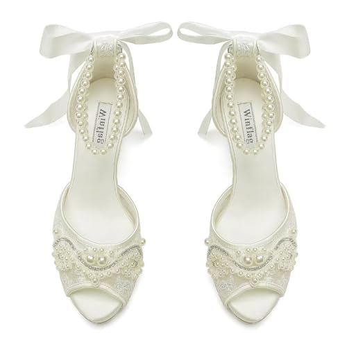 Lace Pearl Wedding Shoes for Bride High Heel Bridal Shoes Peep Toe Platform Wedding Heels2