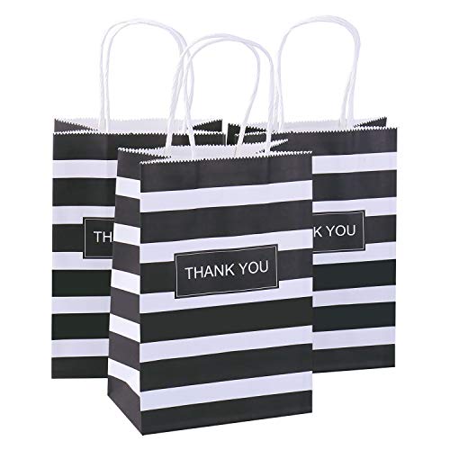Amazing 🔥 Ronvir 50 Pcs Black and White Gift Bags, Small Black Stripe Thank You Bags, 5 x 3.75 x 8 inches Party Bags with Handles, Kraft Bags, Shopping Bags, Retail Grocery Bags