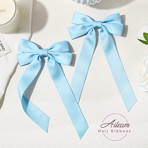 2Pcs Silky Satin Hair Bows Blue Hair Ribbon Clips For Women Ponytail Holder Hair Accessories Alligator Clips Hair Bow For Women Girls Toddlers Teens Kids #TOP1