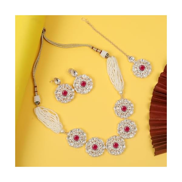 IIJ Traditional Latest Crystal Choker Necklace Design Red Ruby and Golden | Round Stud Earrings with Kundan Flower Design | Maang Tikka for Wedding Jewellery Set for Women & Girls - Image 7