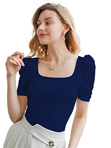 Image of Shasmi Women's & Girl's Polyester Pleated High Neck Short Puff Sleeve Ruched Bust Solid Regular Fit Top