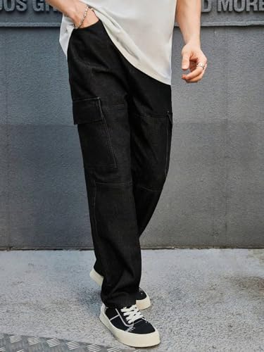 Image of KOTTY Men's Loose Fit Cargo Denim Jeans - Vintage Washed Utility Jeans with Side Pockets