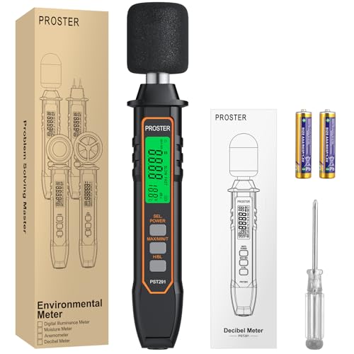 Proster Medidor Decibelios Profesional 30-130dB Sonómetro Digital Portátil con Pantalla LCD Luz de Fondo Precisión ±2dB Ponderación A Rango Amplio FAST/SLOW HOLD Medición Temperatura para Casa Oficina