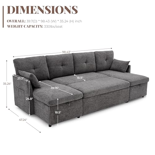 Image of Huatean Home 100 inch Oversized Sleeper Sofa Couch, 2 in 1 Pullout Couch Bed with Side Pockets for Living Room, Sectional Sleeper Sofa Bed with Double Storage Chaise, Darkgrey
