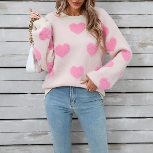 Image of Women's Cute Heart Sweater Love Print Valentine Romantic Knitted Top Casual Crewneck Long Sleeve Sweaters Pullover