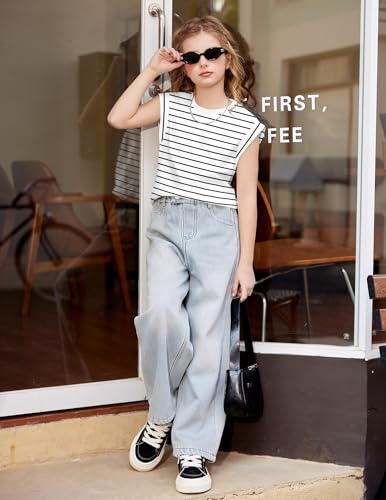 Image of Arshiner Girls T Shirts Cap Sleeves Casual Summer Tops Crewneck Tank Loose Fit Fashion Blouse Tee