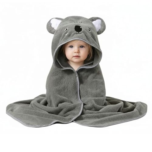 Baby Hooded Towel Koala Design, Soft Coral Fleece Baby Bath Towel 80 x 80 cm for Newborn Essential Gift, Machine Washable, by CRFY