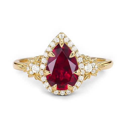 10K/14K/18K Solid Gold 1.5 Carat Pear-cut Vintage Gemstone Halo Engagement Ring for Women Birthstone Leaf Art Deco Wedding Promise Anniversary Rings for Her Wife Bridal Size 4~12