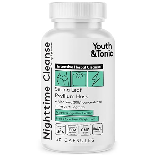 Youth & Tonic Overnight Intestinal Cleanse Supplement - Natural Constipation Relief for Men & Women with Senna Leaf, Psyllium Husk, Cascara Sagrada & Fibre - 30 Capsules. Can Be Strong for Some People