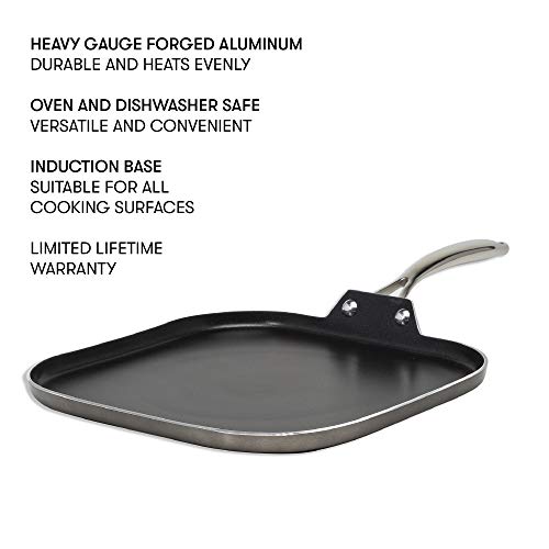Cooking Light Inspire Non-Stick Square Pan, Dishwasher Oven Safe, Stainless Steel Handles, 11 Inch Griddle, Gunmetal Gray #TOP1