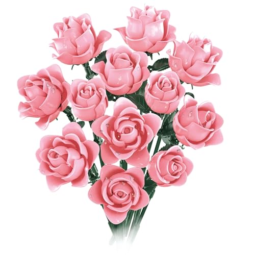 Pink Rose Bouquet Building Set, Compatible with Lego Flowers for Adults - Botanical Collection Gift for Halloween & Valentines - Artificial Plant Home Decor
