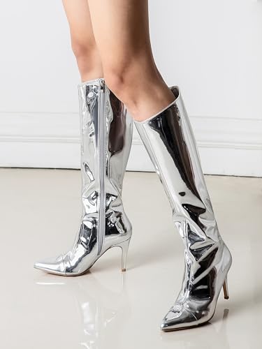Shoe'N Tale Women's Knee High Boots Pointed Toe Stiletto High Heel Metallic Party Dressy Slip-on Booties Shoes4