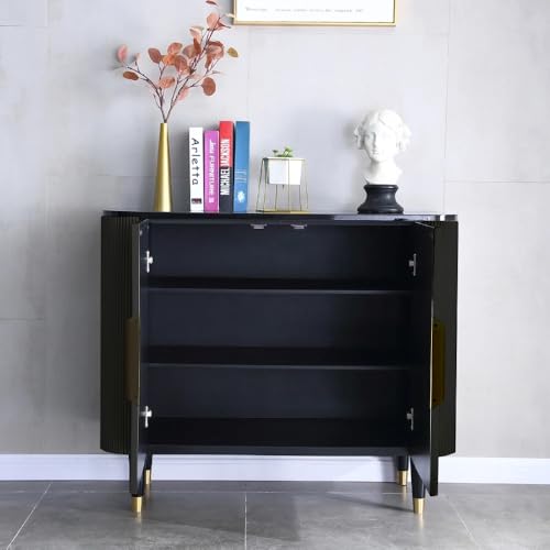 Image of Boston Console Table, Black Marble Top, Charcoal Louvers, Golden Accents, 36x15x30 Inch, Waterproof Plywood, 3-Shelf Storage Cabinet, Elegant Entryway or Living Room Display Table (Black)