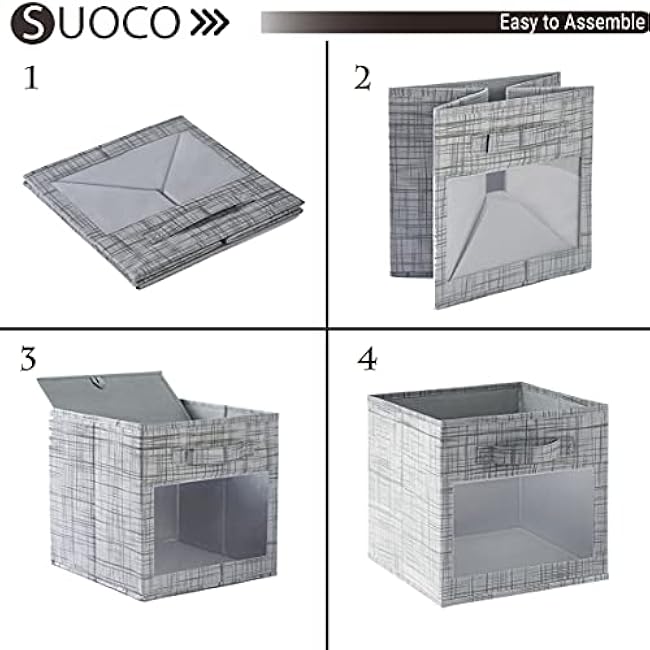 SUOCO Cube Storage Bins with Clear Window, Foldable Fabric Baskets Boxes for Shelf Closet Organizer, Nursery and Kids Room, 8 Pack, Grey