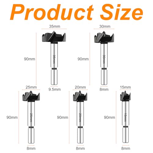 Luazvilkpsar 5 Stück Professioneller Holzbohrer mit Zentrierspitze, Forstnerbohrer Set Ø 15/20/25/30/35 mm, Astlochbohrer, Scharnierlochbohrer, Topfbohrer, Präzise Bohrungen, für Holz, Hartholz