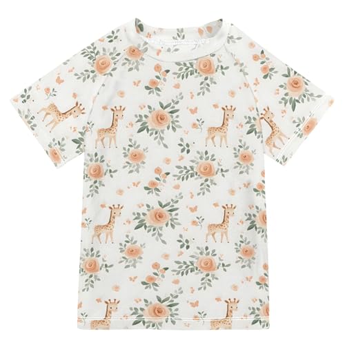 Boys Rash Guard Short Sleeve Swim Shirts for Boys Flower Giraff Print Sun Protection 7-8T