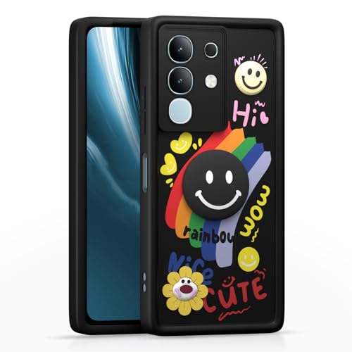 Image of Pikkme Back Cover for Vivo T4x 5G / iQOO Z10x 5G / Vivo Y31 Pro 5G | Soft Silicone| Cute Rainbow Smile & 3D Cartoon Flower Design | Shockproof Raised Camera Protection Bumper Case (Black)