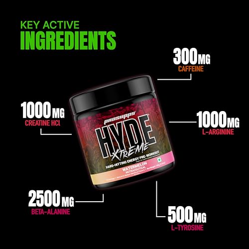 Image of HYDE Xtreme - Hard Hitting Energy Pre Workout Supplement | Caffeine, Beta-alanine, Creatine HCl, L-arginine | For Muscle Pump, Vascularity, Strength and Focus | 15 servings (Watermelon)