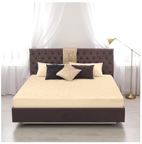 Image of Trance Home Linen Fitted Quilted Cotton Mattress Protector | Water Resistant - Breathable Fluffy Soft Bed Cover | Bed Cushion Cooling Protector (Quilted Fitted | 72x60 inch, Beige)