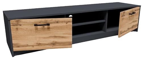 MATKAM Fernsehkommode 2DC H 36 x B 160 x T 41 cm, TV Lowboard, TV Unterteil, Fernsehtisch, Zwei Ablagen mit Türen Links und rechts, in der Mitte EIN Regalfach (Anthrazit Grau-Wotan Eiche)