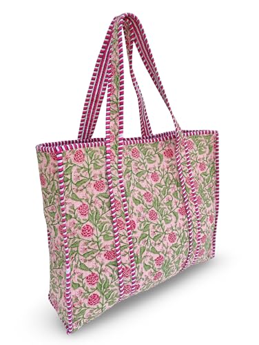 Image of Cotton Tiger Block Print Tote Bag, Indian Handmade Shopping Shoulder Bag, Unisex Market Daily Use